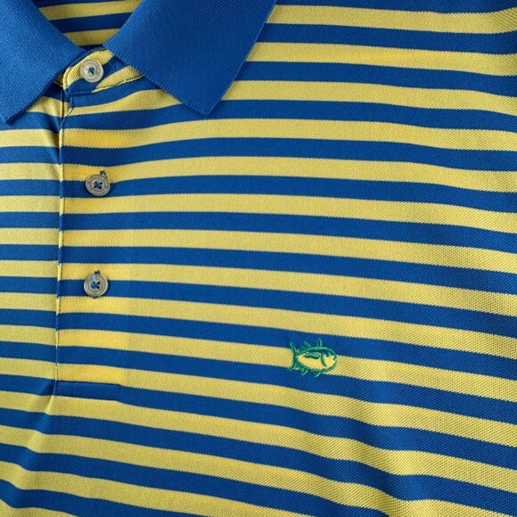 Southern Tide Club Short Sleeve Polo Shirt Blue Yellow Striped Large Men Golf - Picture 8 of 13